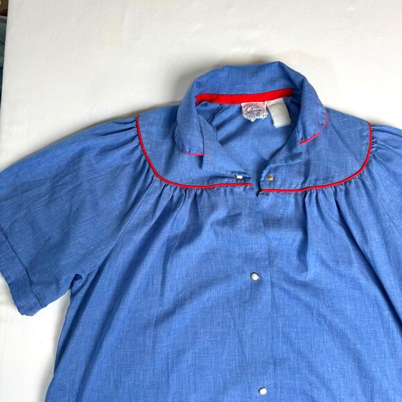 Vintage 80s Wrap Snap Housecoat Dress MuMu Blue Teddy Bear XL Loungewear - Picture 3 of 7